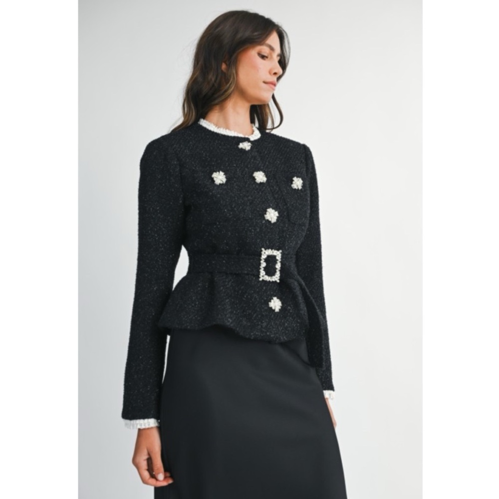 Elegant Black Blazer with Pearl Accents